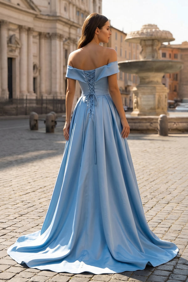 Blue Off The Shoulder A-Line Satin Long Formal Dress with Slit (2) | KISSPROM