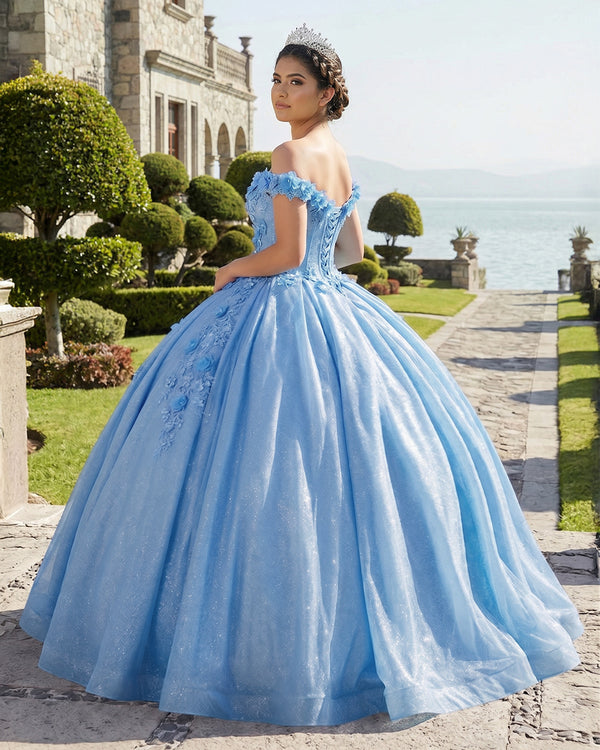 Blue Off the Shoulder Glitter 3D Floral Quinceanera Dresses (2) | KISSPROM