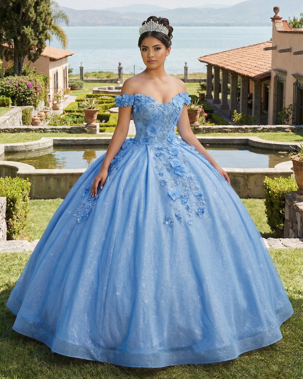 Blue Off the Shoulder Glitter 3D Floral Quinceanera Dresses | KISSPROM