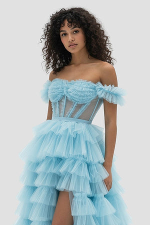 Adalynn | Royal Blue Off the Shoulder Ruffle Tiered Tulle Long Prom Dresses with Slit - KissProm