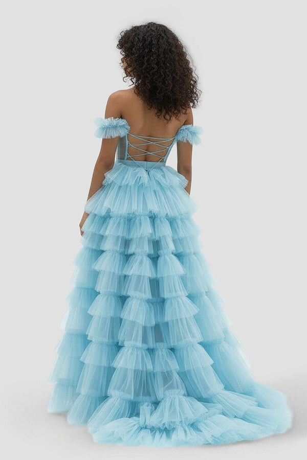 Adalynn | Royal Blue Off the Shoulder Ruffle Tiered Tulle Long Prom Dresses with Slit - KissProm