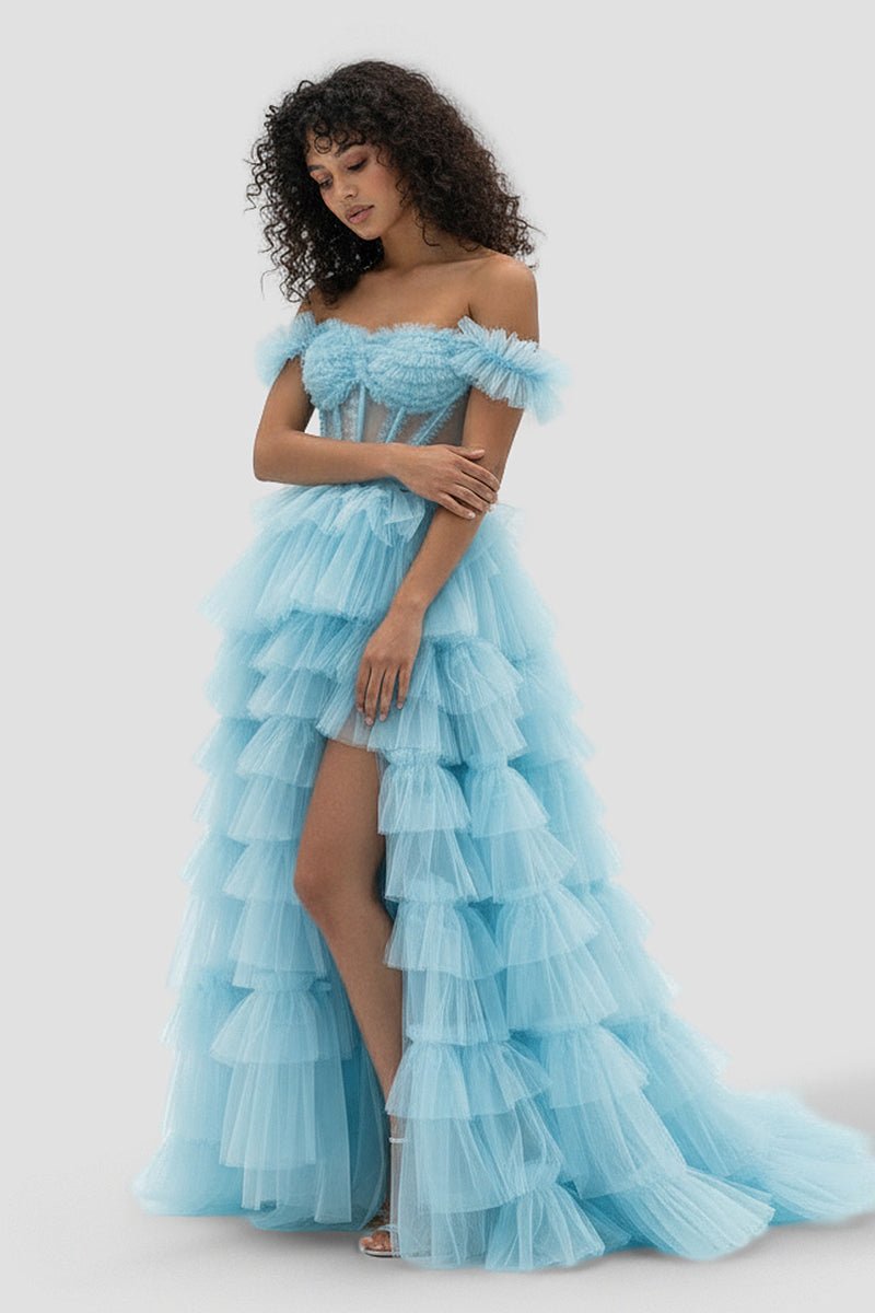 Adalynn | Royal Blue Off the Shoulder Ruffle Tiered Tulle Long Prom Dresses with Slit - KissProm