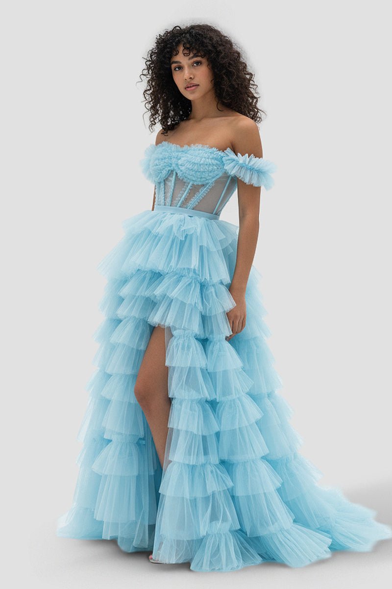 Adalynn | Royal Blue Off the Shoulder Ruffle Tiered Tulle Long Prom Dresses with Slit - KissProm