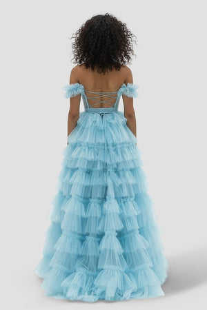 Adalynn | Royal Blue Off the Shoulder Ruffle Tiered Tulle Long Prom Dresses with Slit - KissProm
