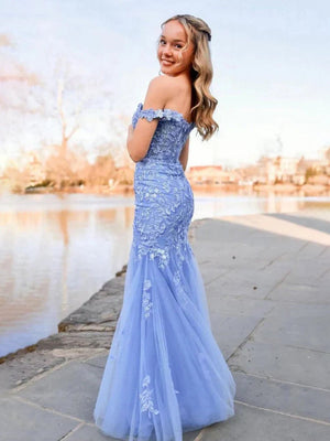 Blue Off the Shoulder Tulle Mermaid Prom Dresses with Appliques - KissProm