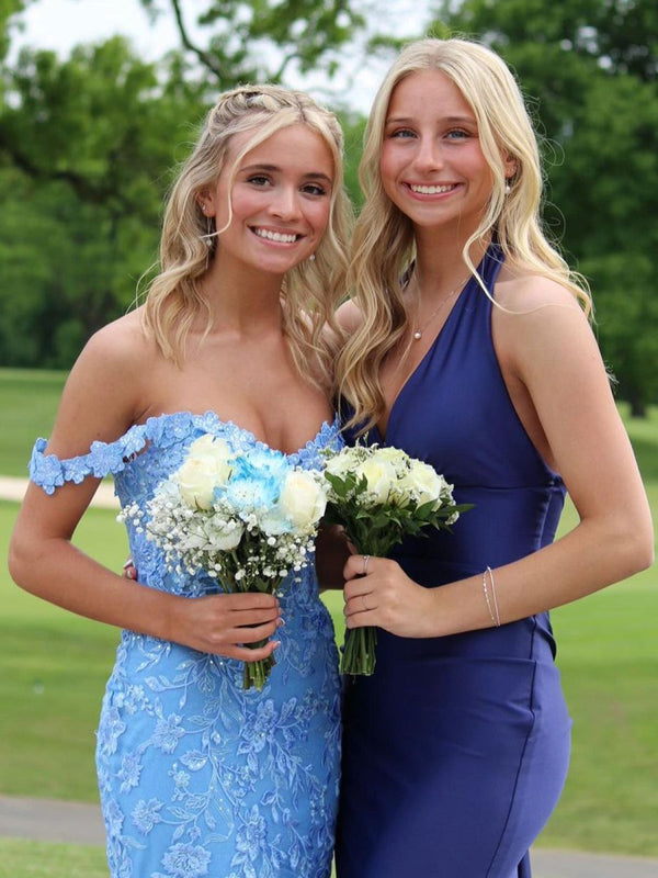 Blue Off the Shoulder Tulle Mermaid Prom Dresses with Appliques - KissProm