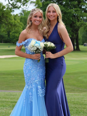 Blue Off the Shoulder Tulle Mermaid Prom Dresses with Appliques - KissProm