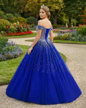 Blue Off The Shoulder Tulle Quinceanera Dresses With Beadings (2) | KISSPROM