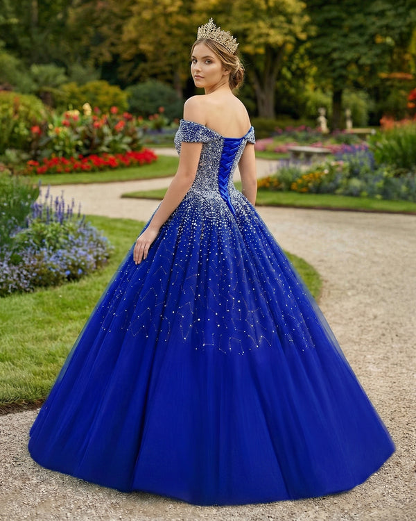 Blue Off The Shoulder Tulle Quinceanera Dresses With Beadings (2) | KISSPROM