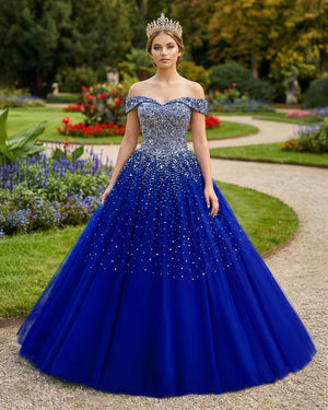 Blue Off The Shoulder Tulle Quinceanera Dresses With Beadings | KISSPROM