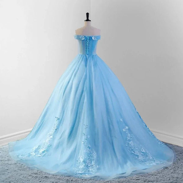 Sky Blue Lace Dress 3D Flowers Quinceanera Dresses with Train