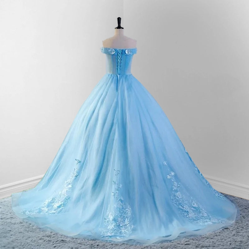 Sky Blue Lace Dress 3D Flowers Quinceanera Dresses with Train