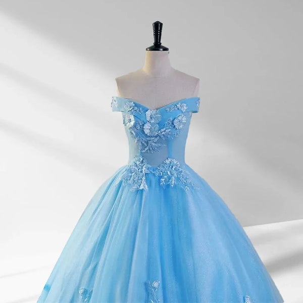 Sky Blue Lace Dress 3D Flowers Quinceanera Dresses with Train