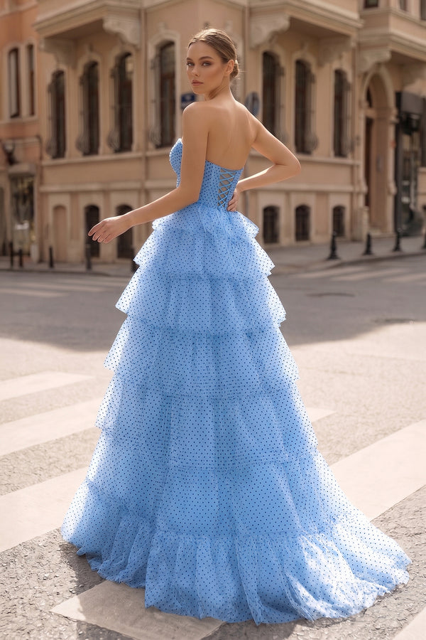 Polka Dot Strapless Ruffle Tiered Prom Gown with Keyholes – Prom Dress by KissProm | Available at KissProm