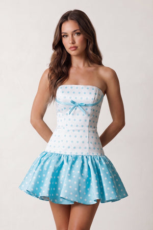 White Polka Dots Strapless A-Line Satin Homecoming Dress With Bow | KISSPROM