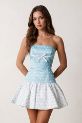 Blue Polka Dots Strapless A-Line Satin Homecoming Dress With Bow - KissProm
