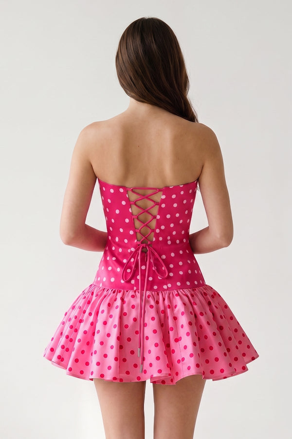 Fuchsia Polka Dots Strapless A-Line Satin Homecoming Dress With Bow | KISSPROM