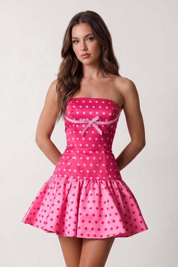 Fuchsia Polka Dots Strapless A-Line Satin Homecoming Dress With Bow | KISSPROM
