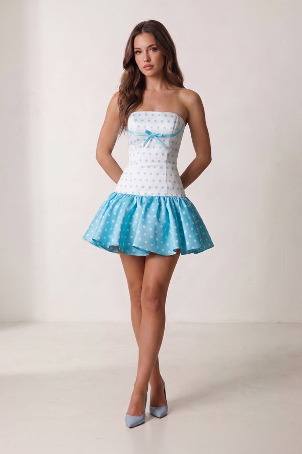 White Polka Dots Strapless A-Line Satin Homecoming Dress With Bow | KISSPROM