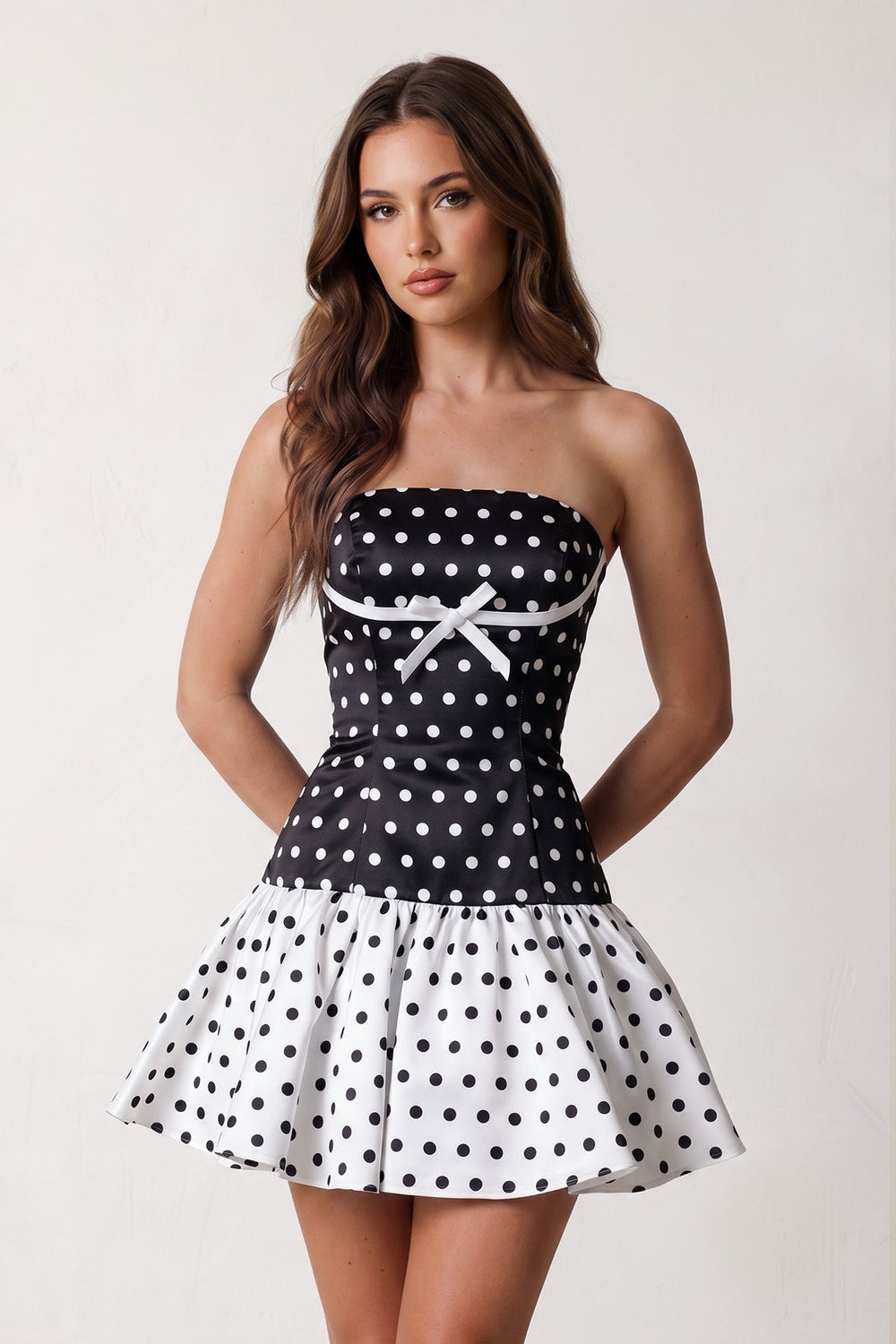 Black Polka Dots Strapless A-Line Satin Homecoming Dress With Bow | KISSPROM