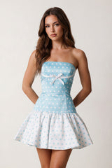 Blue Polka Dots Strapless A-Line Satin Homecoming Dress With Bow - KissProm