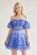 Hanni | Blue Puff Sleeves Ruffles A-line Prints Homecoming Dress