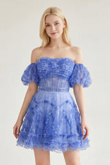 Hanni | Blue Puff Sleeves Ruffles A-line Prints Homecoming Dress