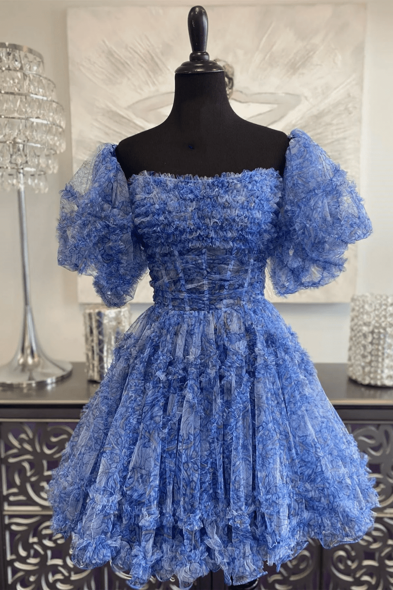Blue Puff Sleeves Ruffles A-line Prints Homecoming Dress, Blue / 0 Blue Puff Sleeves Ruffles A-line Prints Homecoming Dress, Blue / 0