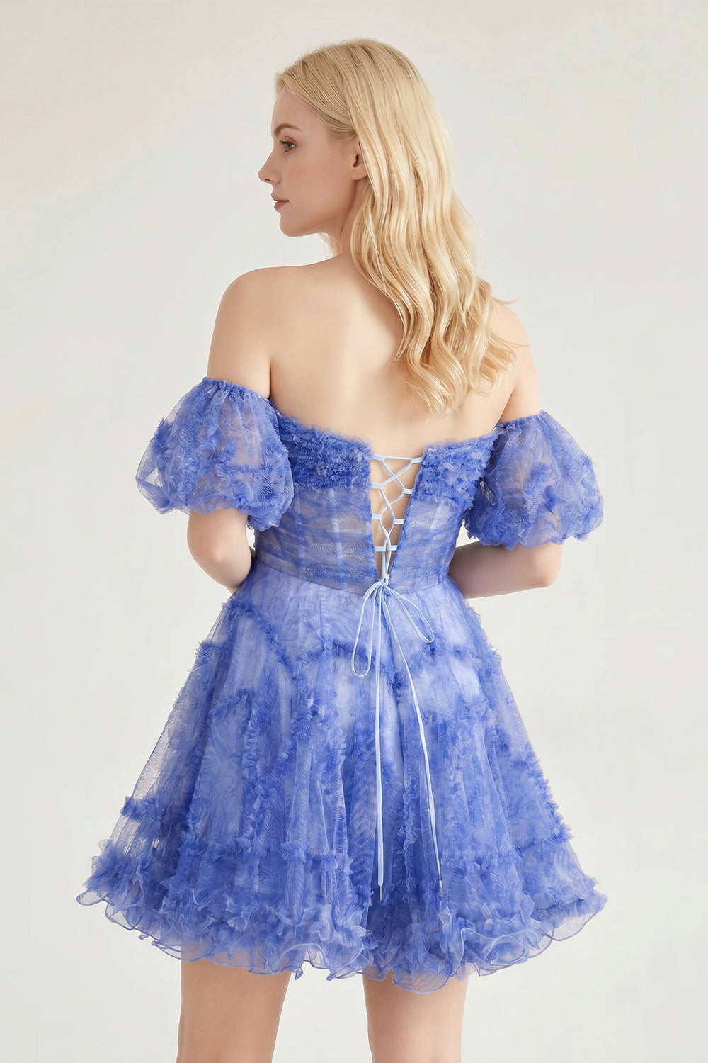 Hanni | Blue Puff Sleeves Ruffles A-line Prints Homecoming Dress