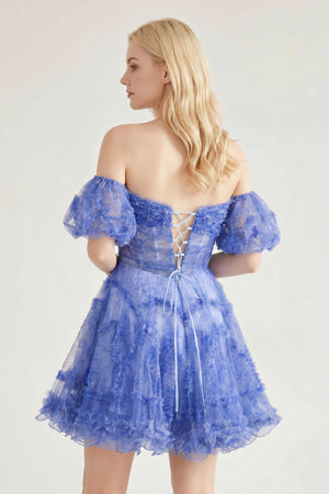 Hanni | Blue Puff Sleeves Ruffles A-line Prints Homecoming Dress