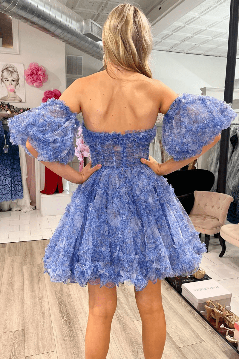 Blue Puff Sleeves Ruffles A-line Prints Homecoming Dress, Blue / 0 Blue Puff Sleeves Ruffles A-line Prints Homecoming Dress, Blue / 0