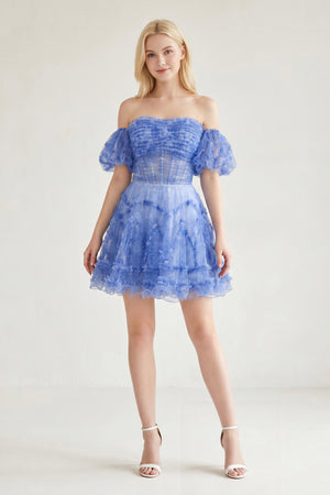 Hanni | Blue Puff Sleeves Ruffles A-line Prints Homecoming Dress