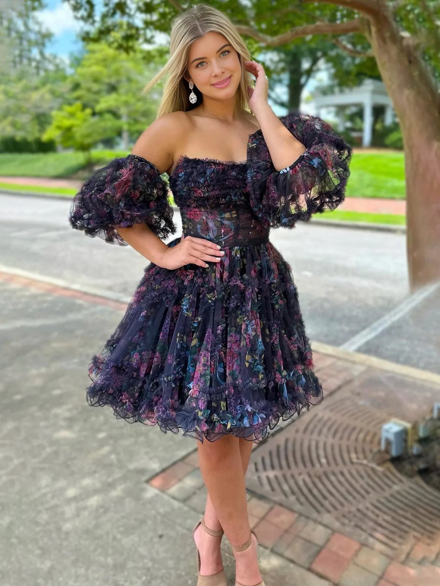 Blue Puff Sleeves Ruffles A-line Prints Homecoming Dress, Blue / 0
