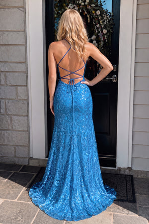 Mermaid Spaghetti Straps Blue Sequins Lace Long Prom Dresses with Slit - KissProm