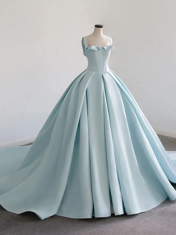 Light Blue Satin Long Ball Gown Quinceanera Dresses