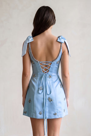 Blue Scoop Neck A-Line Satin Beaded Homecoming Dress with Bow (2) | KISSPROM