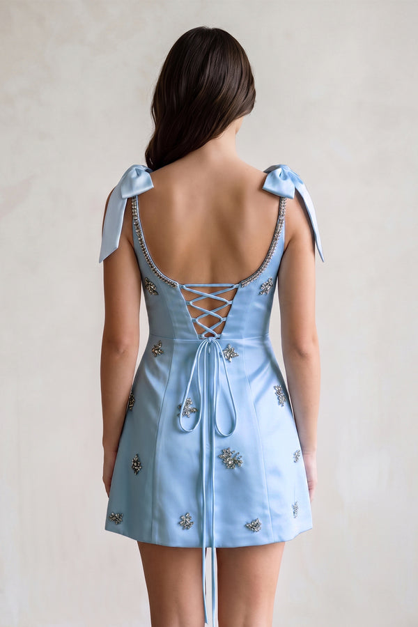 Blue Scoop Neck A-Line Satin Beaded Homecoming Dress with Bow (2) | KISSPROM
