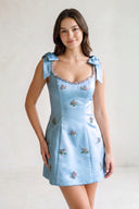 Blue Scoop Neck A-Line Satin Beaded Homecoming Dress with Bow | KISSPROM