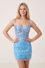 Blue Sequin Lace Sweetheart Fitted Mini Homecoming Dresses - KISSPROM