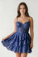 Gray Blue A- Line Sequins Multi-Layers Short Homecoming Dress - KISSPROM