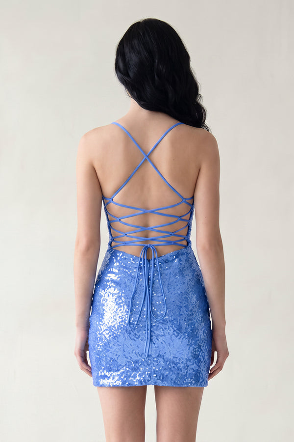 Blue Sexy Fitted Bateau Spaghetti Straps Fully Sequined Lace-Up Mini Party Dresses (2) | KISSPROM