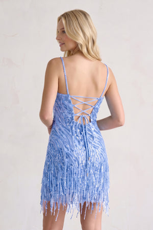 Blue Sparkly Sheath Spaghetti Straps Mini Party Dresses with Tassel - KISSPROM