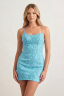 Blue Sheath Spaghetti Straps Lace Short Homecoming Dresses | KISSPROM