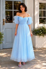 Shiny Tulle Off the Shoulder Light Blue Tea Length Prom Dress