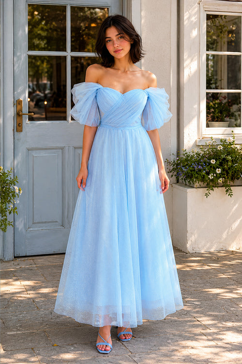 Shiny Tulle Off the Shoulder Light Blue Tea Length Prom Dress