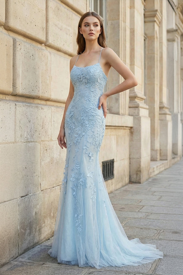 KissProm-Blue Mermaid Spaghetti Straps Lace Prom Dress