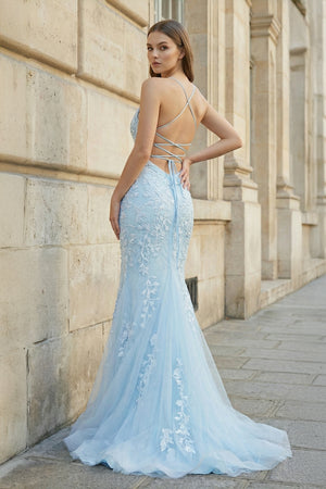 KissProm-Blue Mermaid Spaghetti Straps Lace Prom Dress