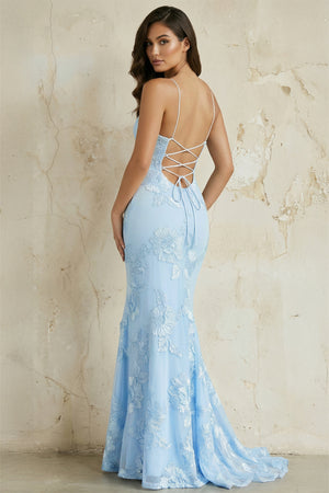 KissProm- Blue Spaghetti Straps Mermaid Tulle Long Prom Dresses With Appliques