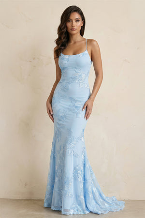 KissProm- Blue Spaghetti Straps Mermaid Tulle Long Prom Dresses With Appliques