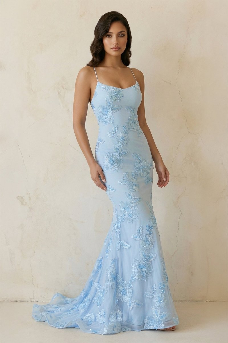 Sky Blue Spaghetti Straps Mermaid Tulle Long Prom Dresses With Appliqu